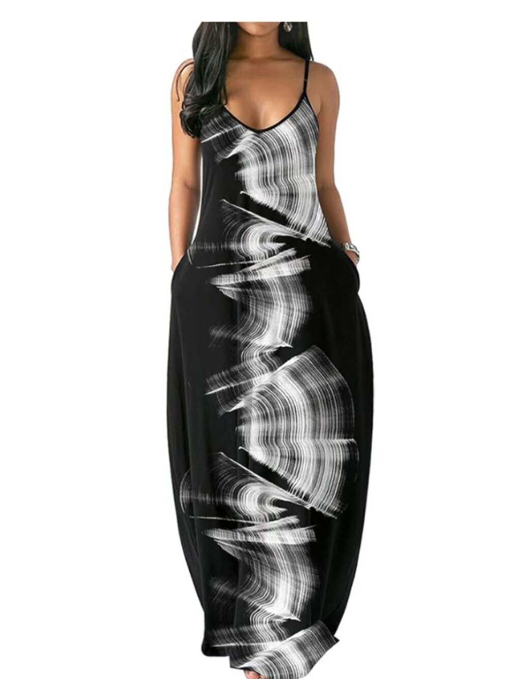 Maxi Dress V-Neck Strappy 3D Print Loose Summer Dress. Size L NWOT